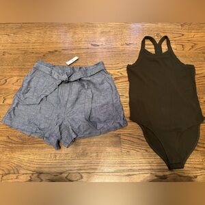 LOFT Paperbag Waist Shorts + Ribbed Bodysuit Bundle Large Blue Gray & Black